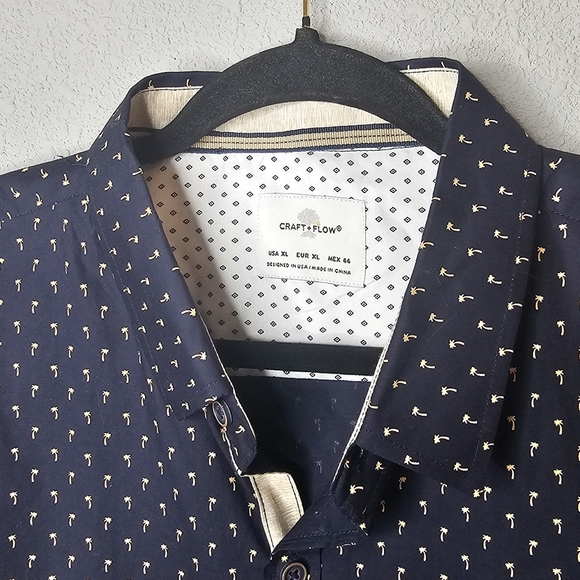 Craft Flow Mens XL Short Sleeve Button Shirt Navy Beige Palm Tree Resort Wear - Picture 6 of 15